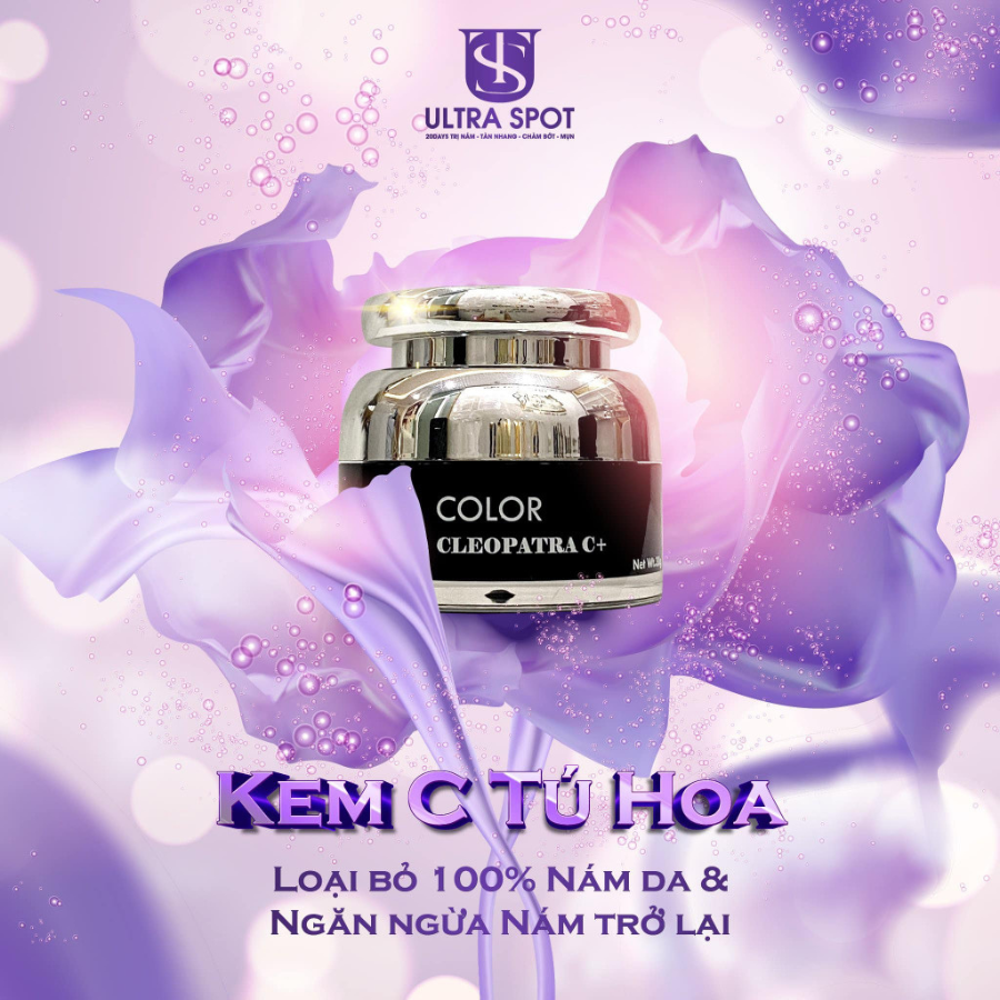 Kem Ultra Spot Color Cleopatra C – Kem Tú Hoa Tailor Made C giúp bạn nhanh chóng xoá bỏ được làn da sạm nám, thâm sần do nhiều nguyên nhân, giúp da căng mịn, hồng hào